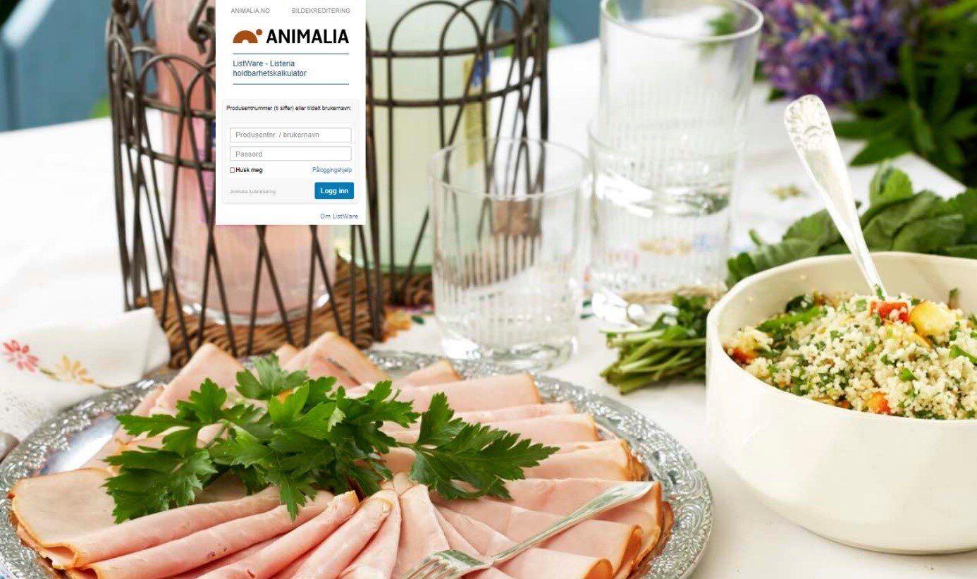 Påloggingsside for ListWare som beregner Listeria-holdbarheten for spiseklare kjøttprodukter.