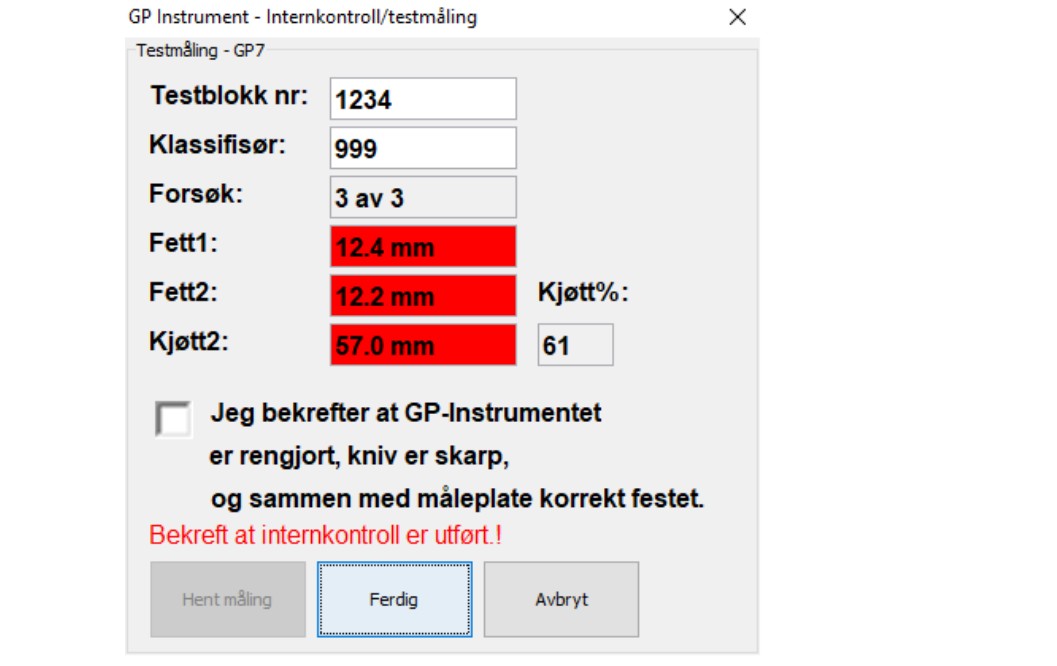 Resultat av en ikke-godkjent testmåling av GP mot testblokk. Skjermdump fra terminal.