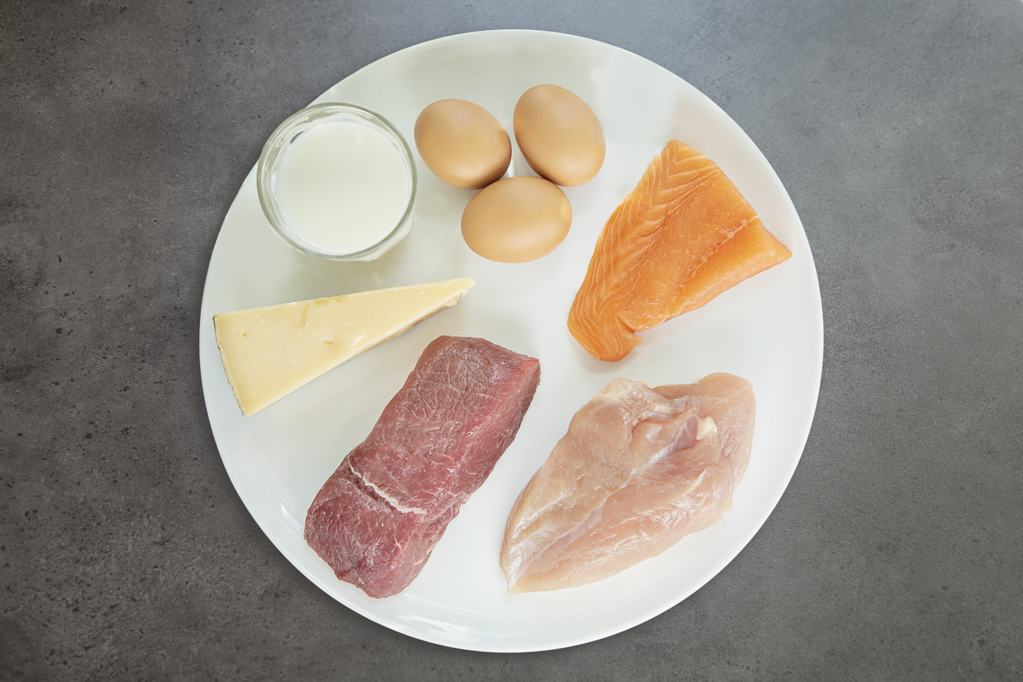 Kjøtt, egg, fisk og melk på en tallerken.
