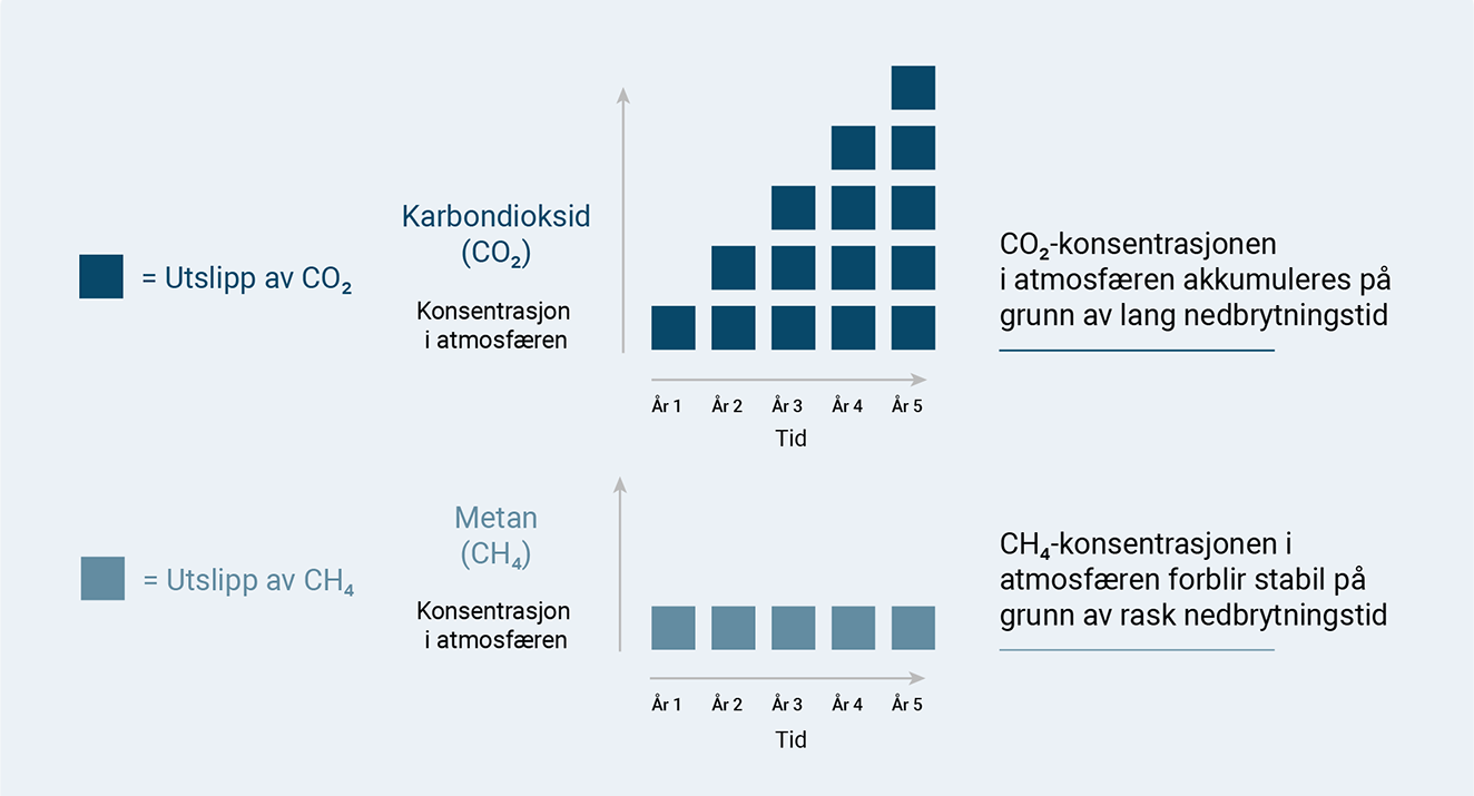 Figuren viser konsentrasjon av karbondioksid og metan i atmosfæren.