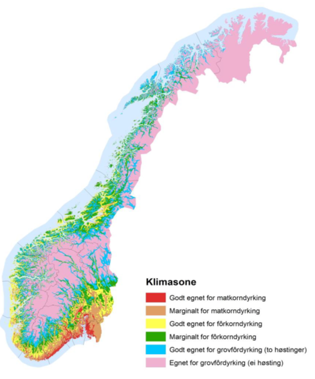 Kartet viser agroklimatiske soner i Norge.