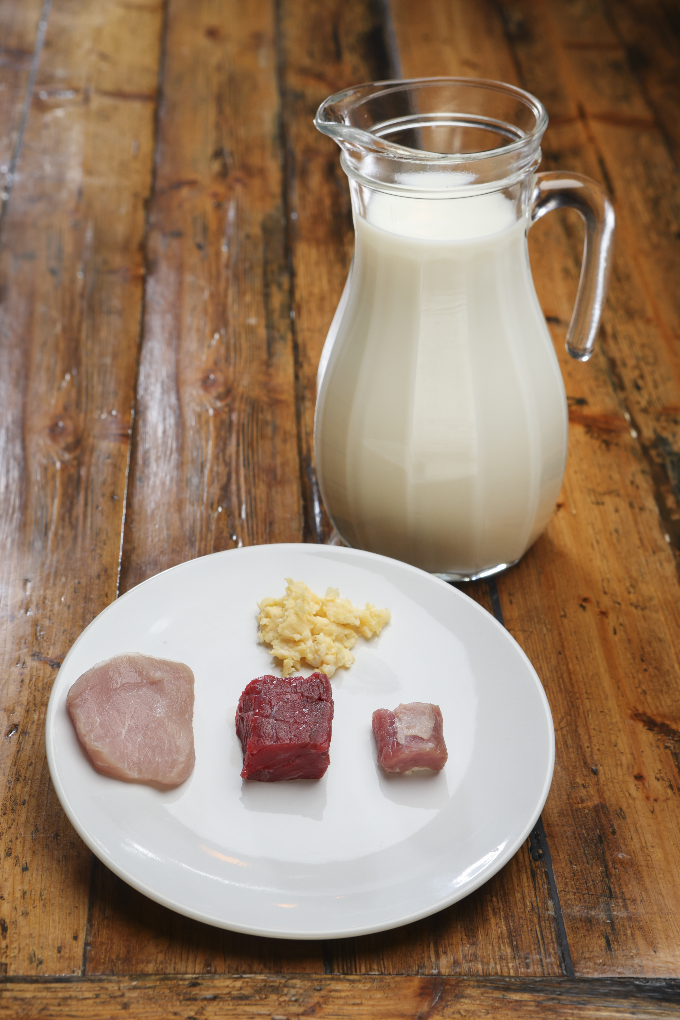 Tallerken med kjøtt og egg og en mugge med melk. Forbruket i 1900
