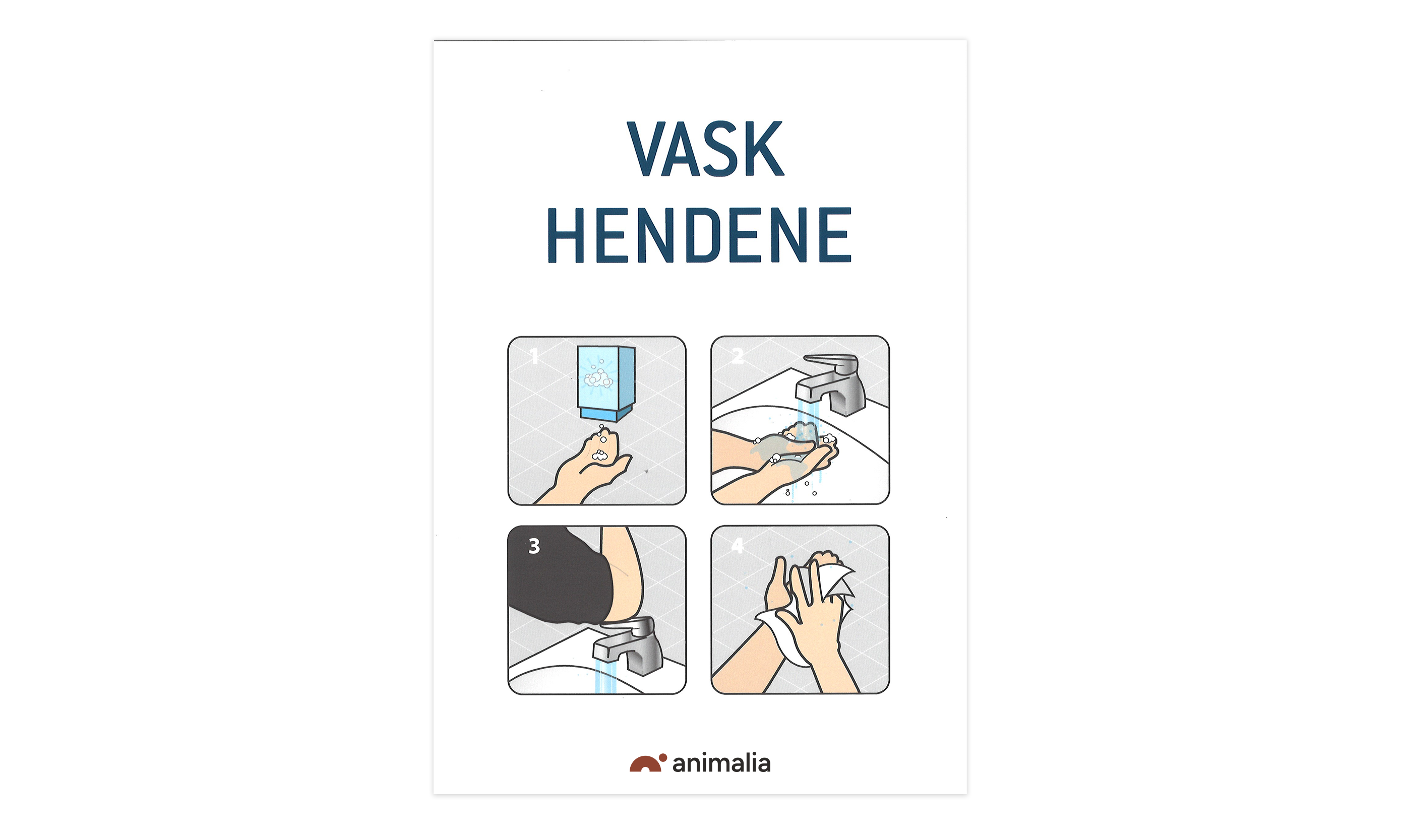 Skilt med teksten "Vask hendene" og illustrasjoner av håndvask